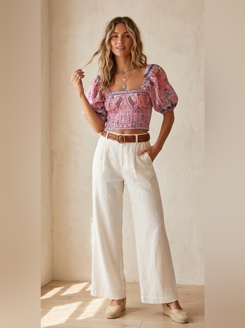 Cleobella Sidney Smocked Lilac Pink Puff-Sleeve Crop Top in Mahal pattern M